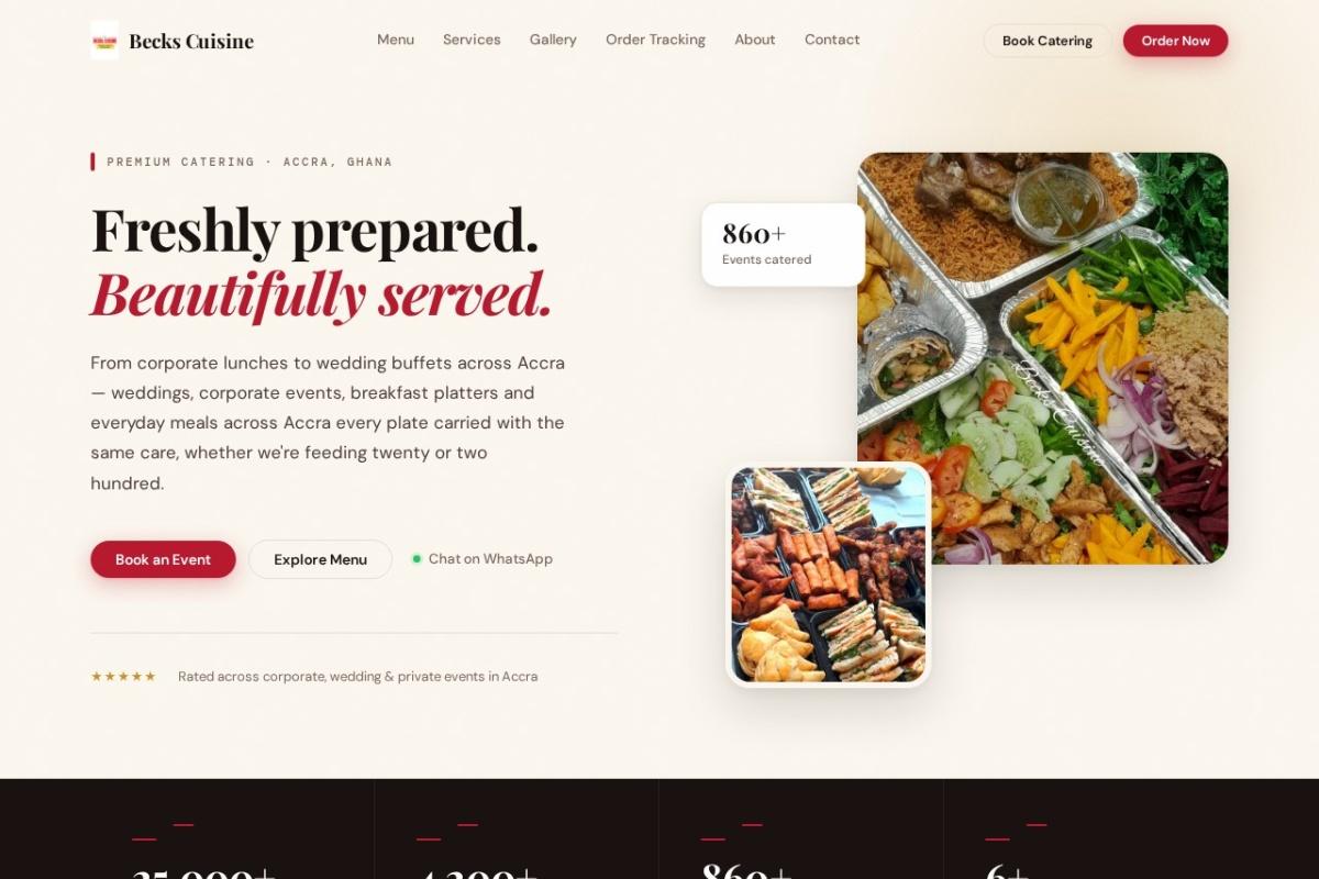 Becks Cuisine homepage — an Accra catering site with 'Freshly prepared, beautifully served' over photography of buffet platters, plus booking and menu buttons.