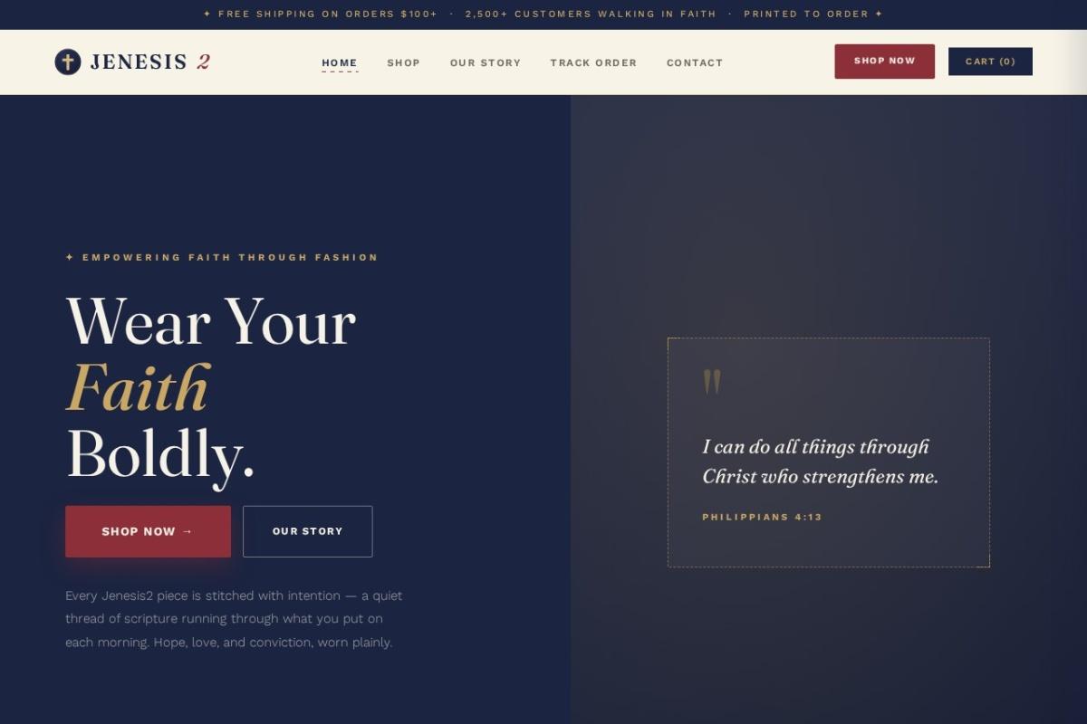 Jenesis2 homepage — a faith-based apparel store with a navy hero, 'Wear Your Faith Boldly' headline and a shop-now call to action.