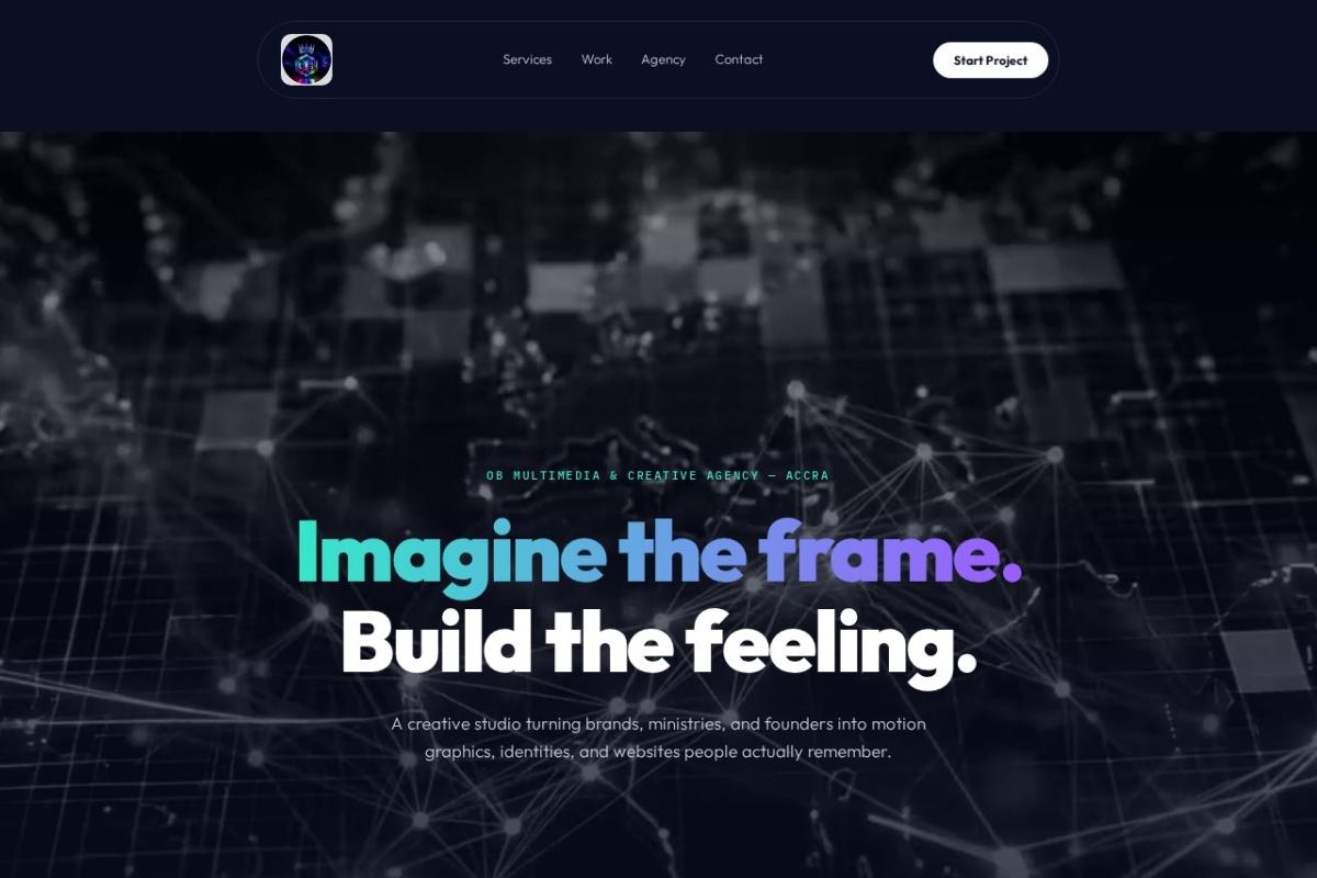 Ob Multimedia homepage — a creative agency site with 'Imagine the frame, build the feeling' in gradient type over a dark network-map background.