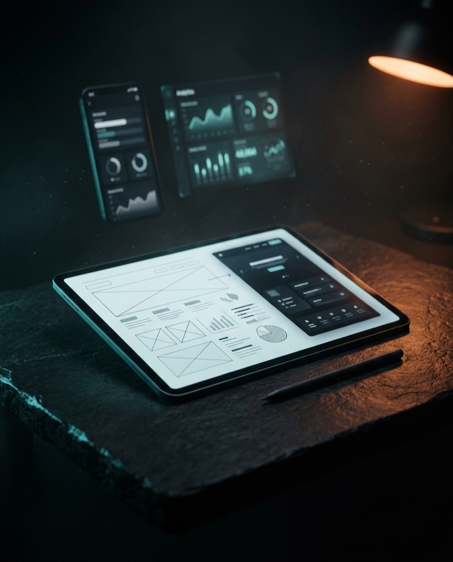 A tablet on a stone desk showing a wireframe turning into a finished interface, with app screens floating behind it